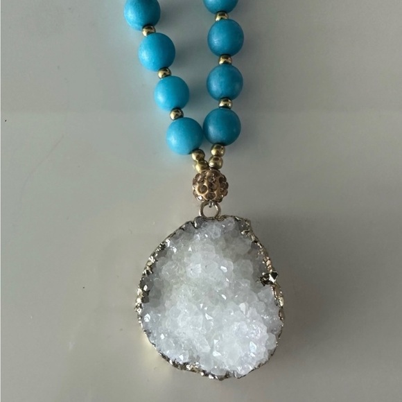 Blue Beaded Long Statement Necklace w White Stone Crystal Pendant 17” long - Picture 2 of 3